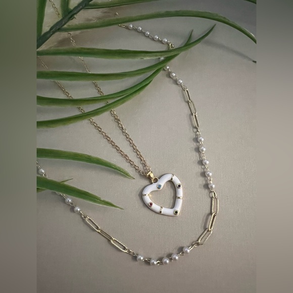 Gold & White Heart Trendy Necklace Set - Boho Layered Necklace Set - Picture 6 of 16